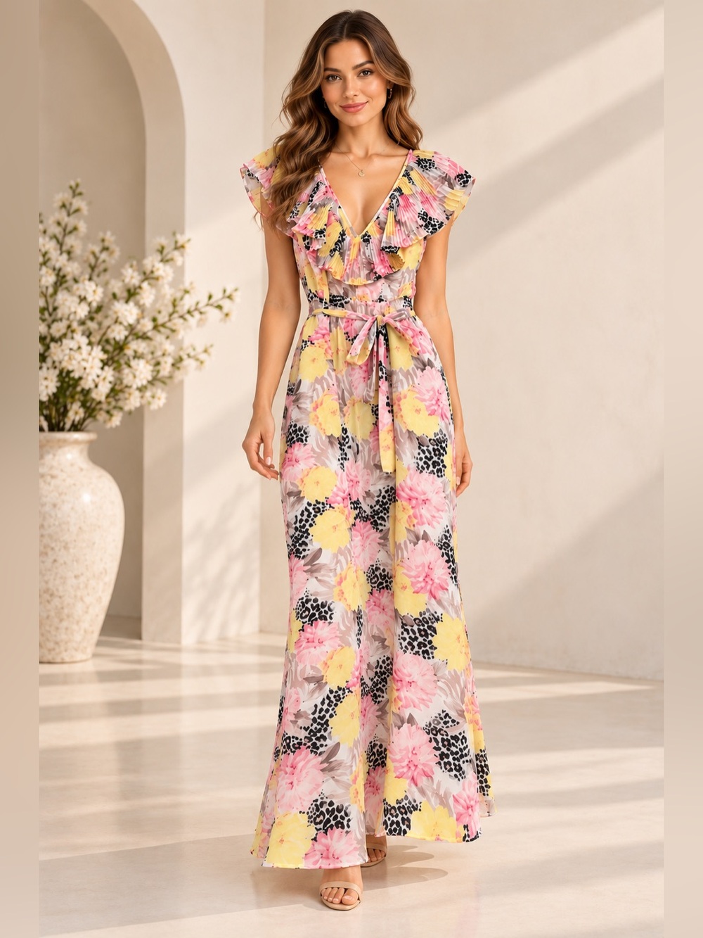 Victoria’s Secret Floral Leopard Print Ruffle Maxi Dress S/P